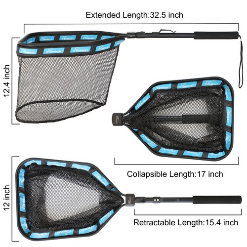GOODCAT Floating Fish Landing Net for Steelhead & Trout, Foldable & Lightweight Rubber Mesh with Non-Slip Handle, Easy Transportation Fishing Net for Kayak Boat Fly (B: Square-Extend Length:32.5")