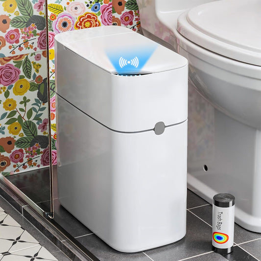 CTIME Touchless Automatic Bathroom Trash Can with Lid - 3 Gallon Slim Motion Sensor Garbage Can for Bedroom, Kitchen, Office - White (6" W x 11" L x 13" H)