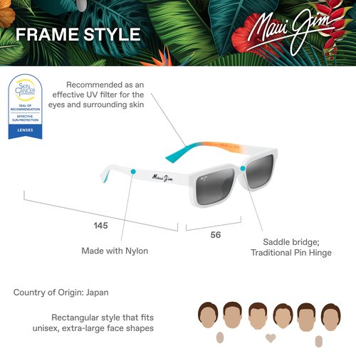 Maui Jim Hiapo AF Rectangle Sunglasses, Matte White/Neutral Grey Polarized, Extra Large