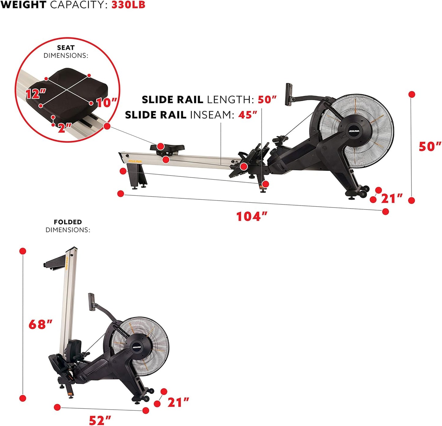 Sunny Health & Fitness Asuna Premium Air + Magnetic Rower Machine w/Extended Aluminium Slide Rail, Cardio Rowing Training Equipment for Home Gym Exercise w/Wide Cushion Seat & Performance Monitor