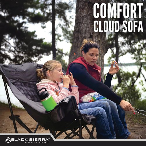 Black Sierra Double Camping Chair for Adults, Oversized Folding Loveseat Supports 600 lbs, Plush Padded Outdoor Couch with Cup Holders and Carry Bag for Beach, Patio, RV, or Tailgating Events