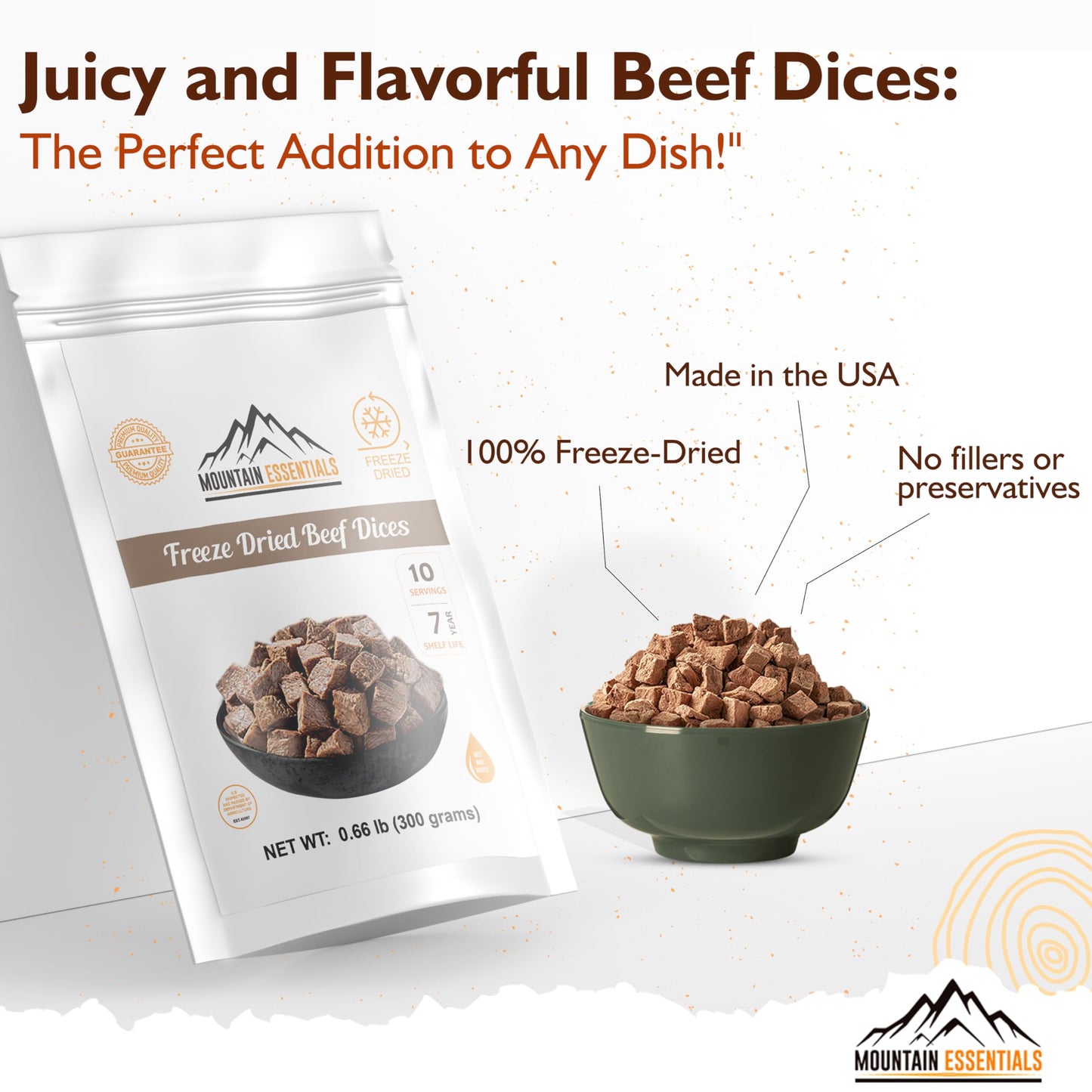 MOUNTAIN ESSENTIALS Freeze-Dried Diced Beef – Fully Cooked Pre-Cooked Meat | 240g High Protein Intake | 10 Servings per Pouch | Ready-to-Eat Meal Prep | Pantry Staples, Daily Meals, Emergency Survival, Camping Food | 7-Year Shelf Life | Made in USA | Pack