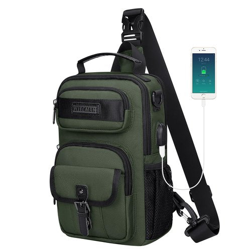 WITZMAN Sling Bag for Men Convertible Travel Sling Backpack USB Charging Port Lightweight Crossbody Bags Casual Daypack（B698 Army Green）
