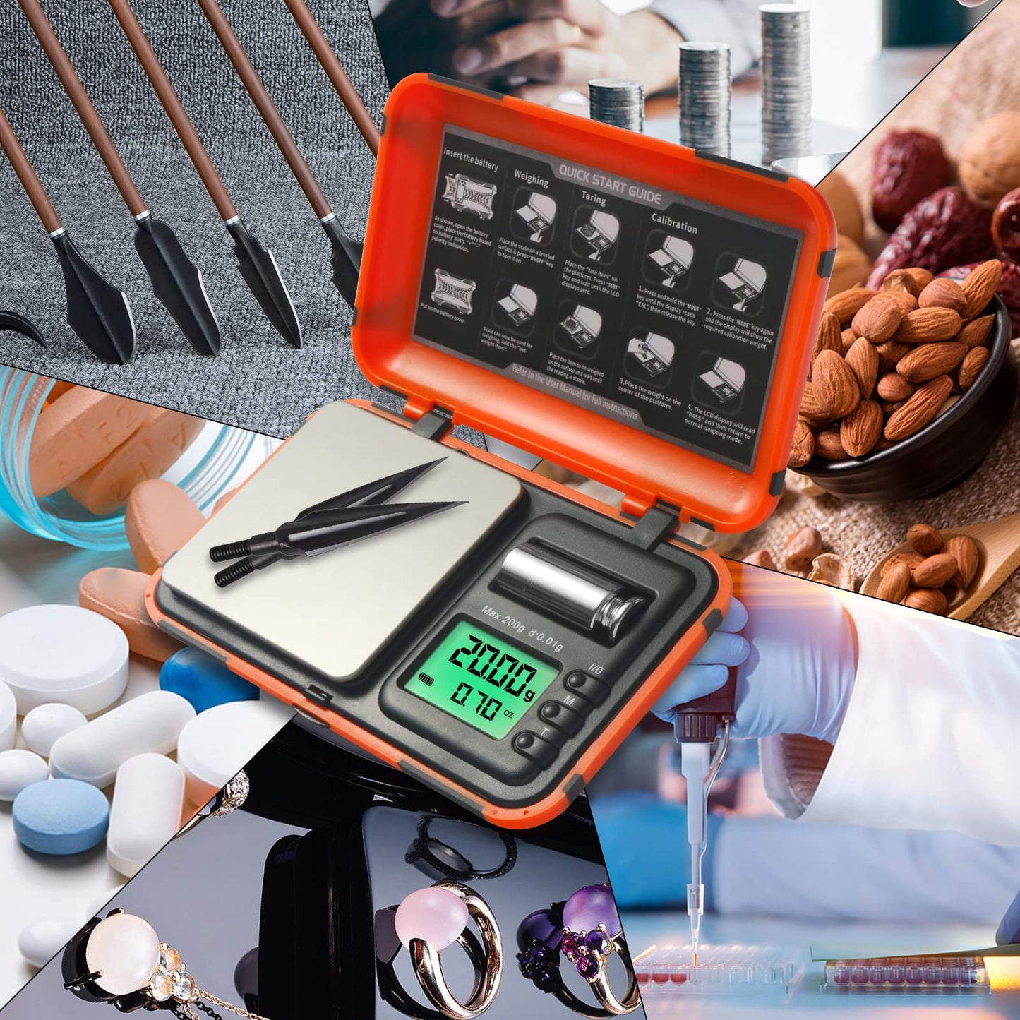 AHOSOUTLY Digital Archery Arrow Scale with Holder - 200g x 0.01g Precision, Dual Units and LCD HD Display, Portable Grain Scale for Arrow Tips & Arrows - Includes Calibration Weights & Batteries