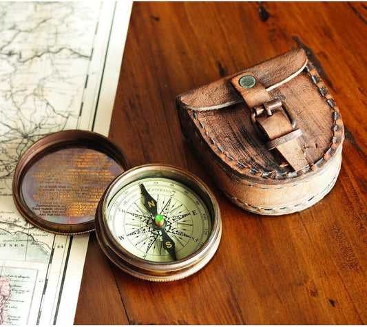 Antiqued Brass Poem Compass with Brown Leather Case Free Rustic Vintage Home Decor Gifts