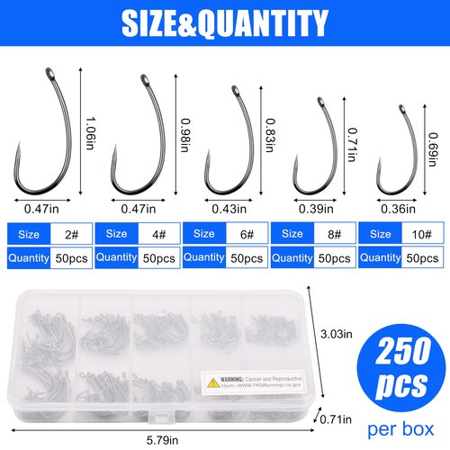 Barbless Fishing Hooks Kit, 250pcs Carp Fishing Trout Hooks Circle Curved Shank Fly Tying Hooks for Hair Rig Carp Fishing Tackle Saltwater Freshwater