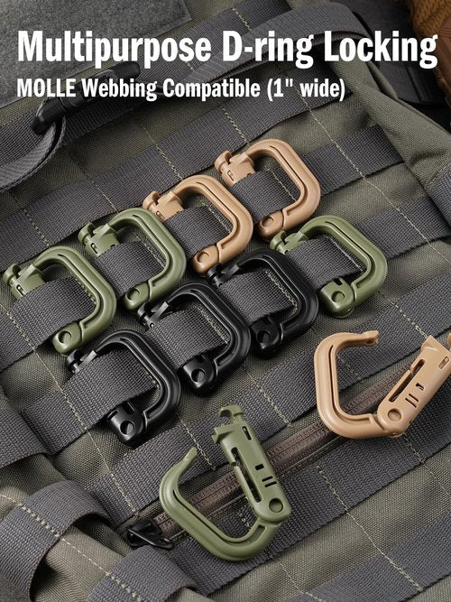 VIPERADE VAB1 10 Pack Multipurpose D-Ring, Grimlock Locking for 1.4" Molle Webbing,Tactical Locking Carabiner for MOLLE Webbing Attachment Backpacks/Pouch/Bag (Black)