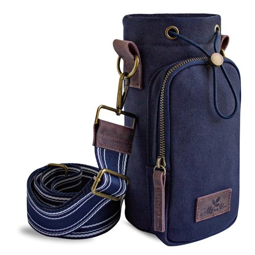 SOLLY AND RUE Water Bottle Holder With Wide Strap and Pocket | Insulated | Genuine Leather | Durable Cotton Canvas | Water Bottle Purse For Women | Walking Travel Daily Use | 16 to 32 oz
