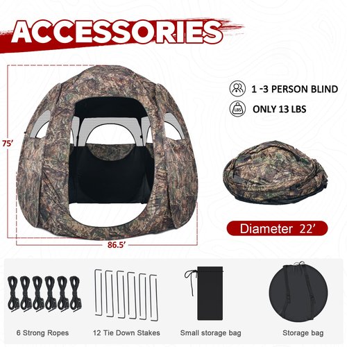 ShedOFF 1-3 Person Hunting Blinds, 300 Degree See Through Pop up Ground Blinds for Deer Turkey Duck Hunting, Bow Hunting Accessories, Double Side Zipper Window (Camo BrownTree)