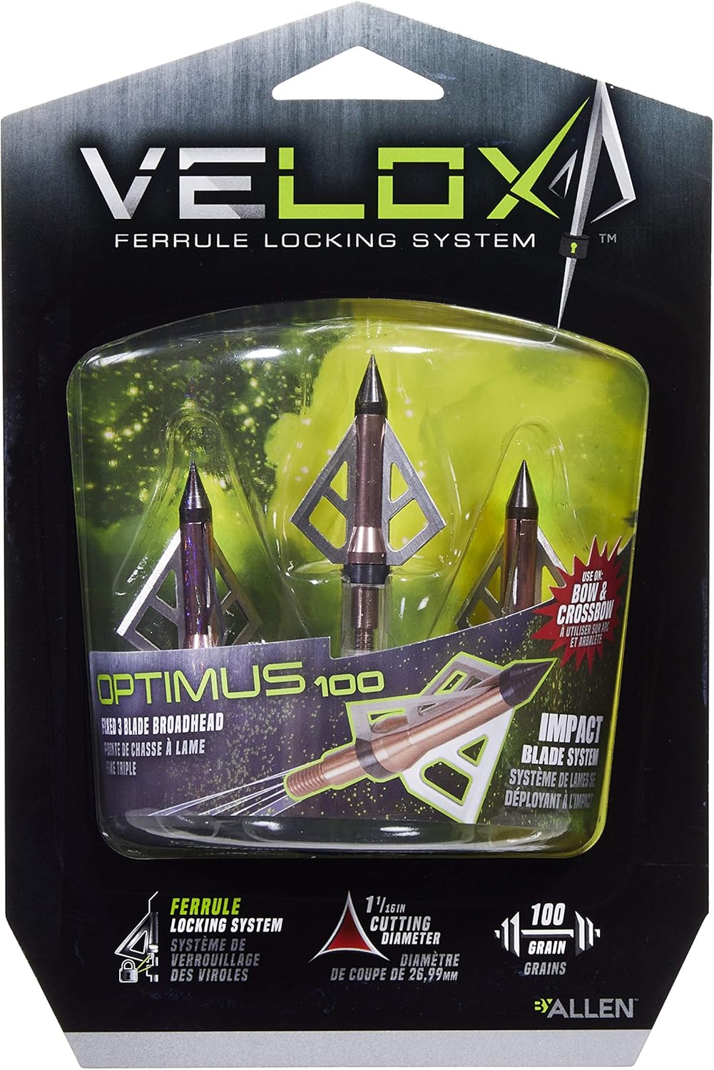 Allen Company Velox Optimus 3-Blade Broadheads - Archery Bow and Crossbow Broadheads - Compound Bow Accessories - 125 or 100 Grain - 3 Pack