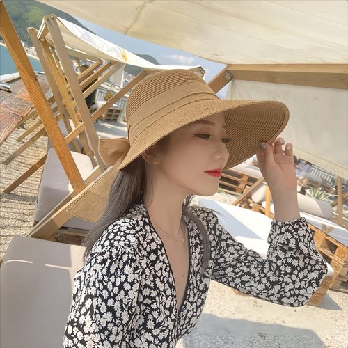 Womens Straw Sun Hat Wide Brim UV Protection Bucket Hat Foldable Packable Bowknot Visor Sun Cap Summer Outdoor Beach Cap Khaki