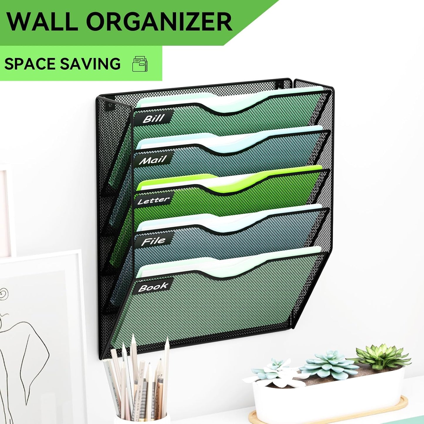 5 Pockets Mesh Hanging Wall File Holder Organizer Wall Mounted Paper Magazine Rack, Black