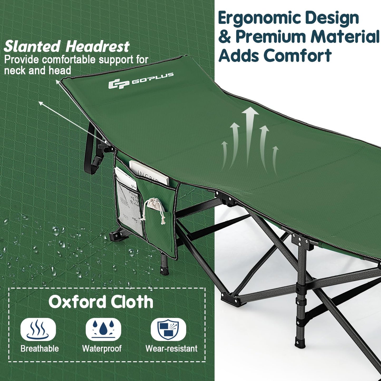 Goplus Folding Camping Cot, 27.5" Sleeping Cot for Adults with Carry Bag, 600LBS Weight Capacity, Slanted Head, Side Pocket, Heavy Duty Portable Camping Bed for Kids, Beach, Office Snap (Green)