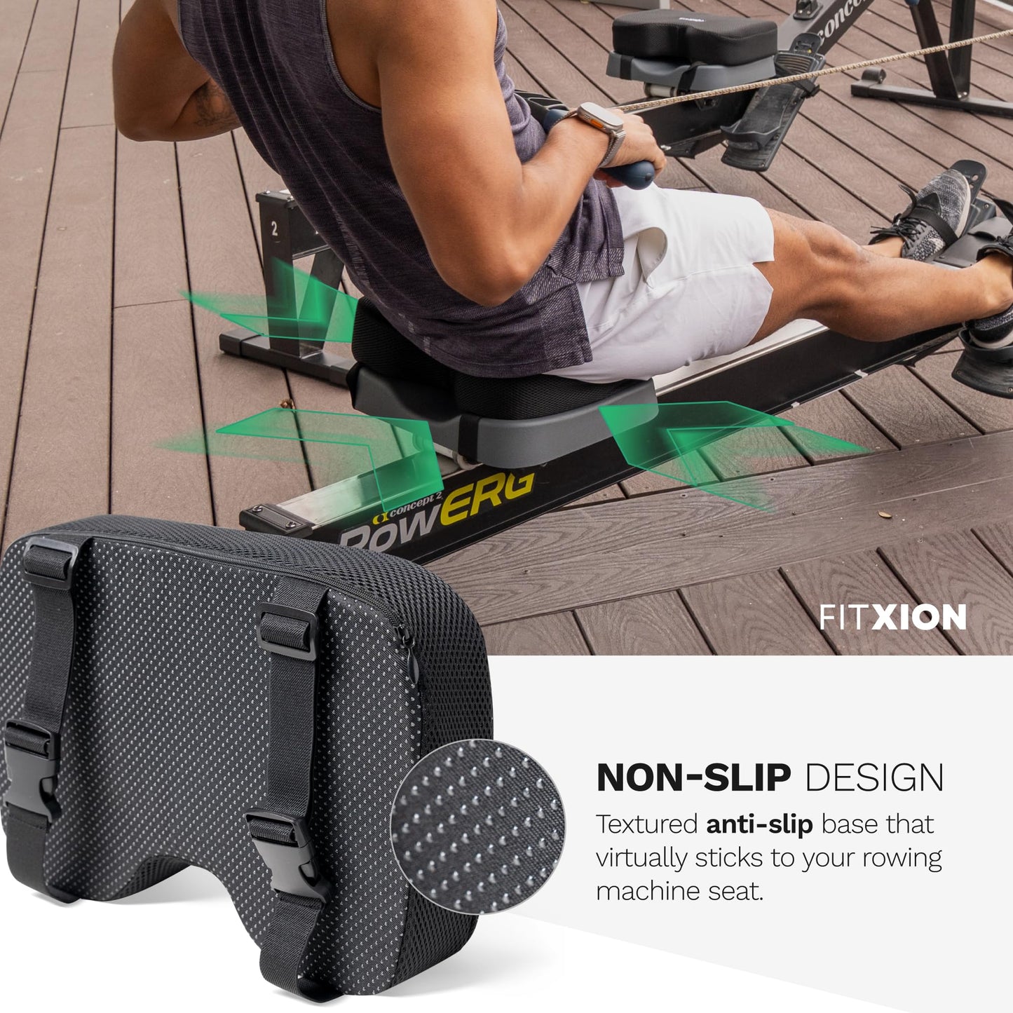 FitXion Rowing Machine Seat Cushion – Ergonomic Tail Bone Comfort Memory Foam Pad for Concept 2, Water Rower, Peloton or Recumbent Bike. Anti-Slip Base, Buckled Straps for Indoor Rowing Workouts