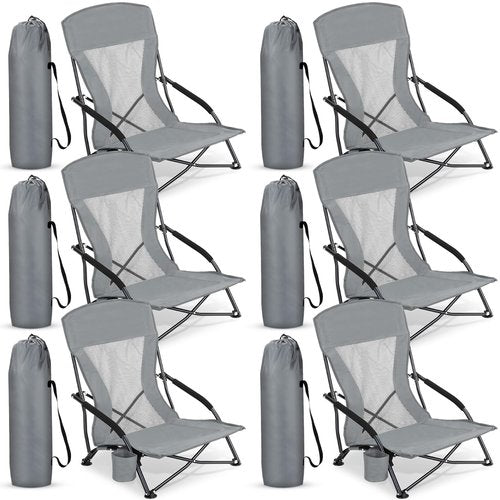 Menkxi 6 Pack Low Beach Chairs for Adult Portable Travel Compact High Back Sling Folding Beach Chair with Cup Holder Carry Bag for Lawn Sand Concerts Outdoor Camping BBQ Picnic Festival(Dark Grey)