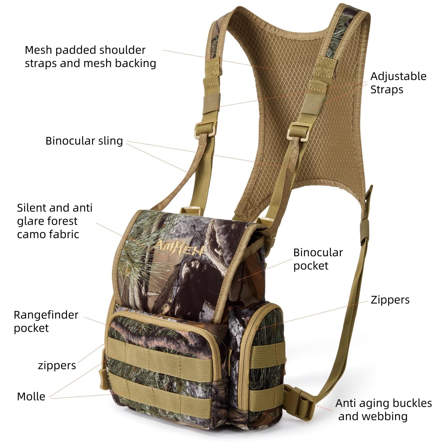 AMHEH Binocular Harness Bino Bag Hunting Chest Pack with Rangefinder Pouch | Magnetic Flap, Silent, Anti Glare, Birding, Hiking, Fits Up to 56 Inches Chests (Camo)