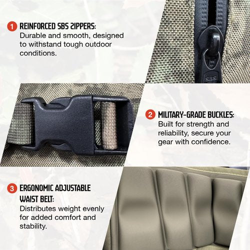 TKLoop Hunting Pack for Men – 40L Expandable Tactical Frame Backpack, Meat Hauler, Rifle Holder, Shotgun Rest, Water Resistant, Camouflage