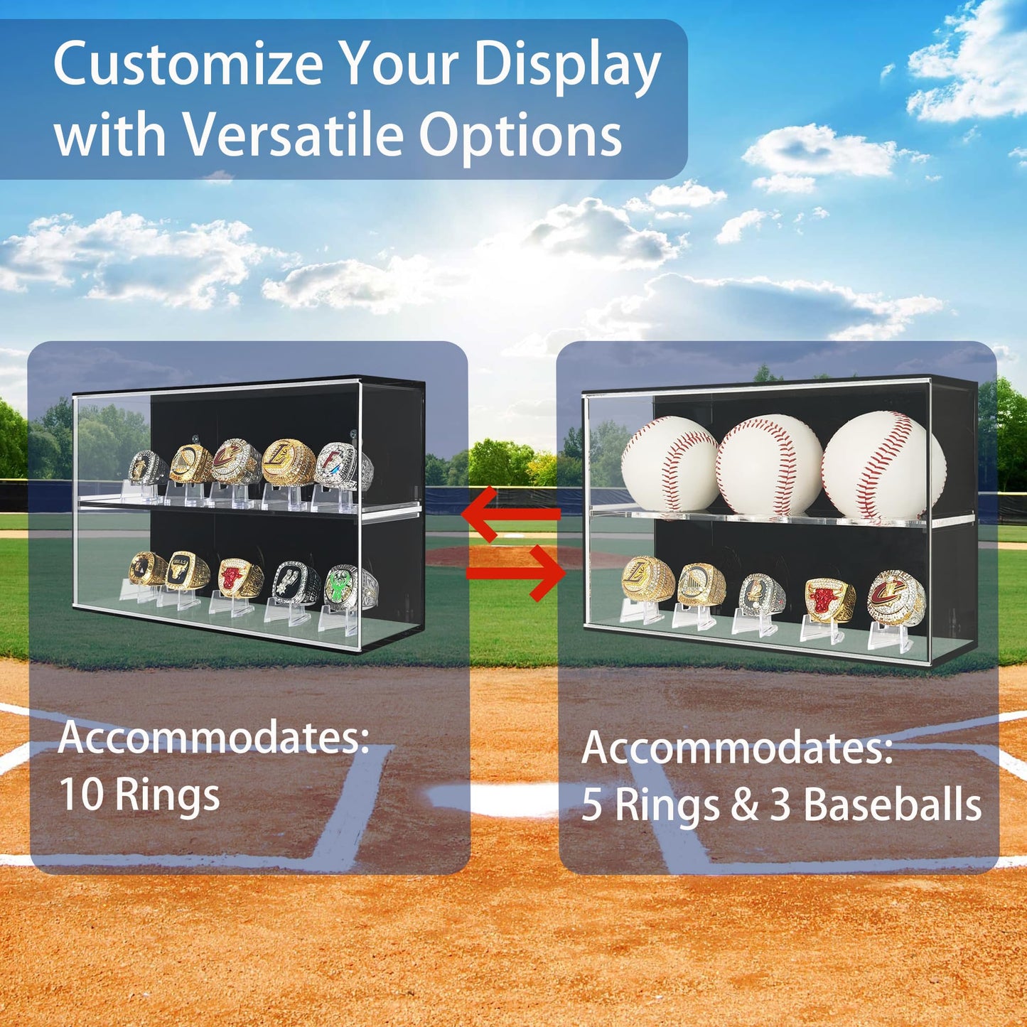 Acrylic Championship Ring & Baseball Dual Function Display Case, Swap Insert Wall Mountable, Gifts for Boys 8-12