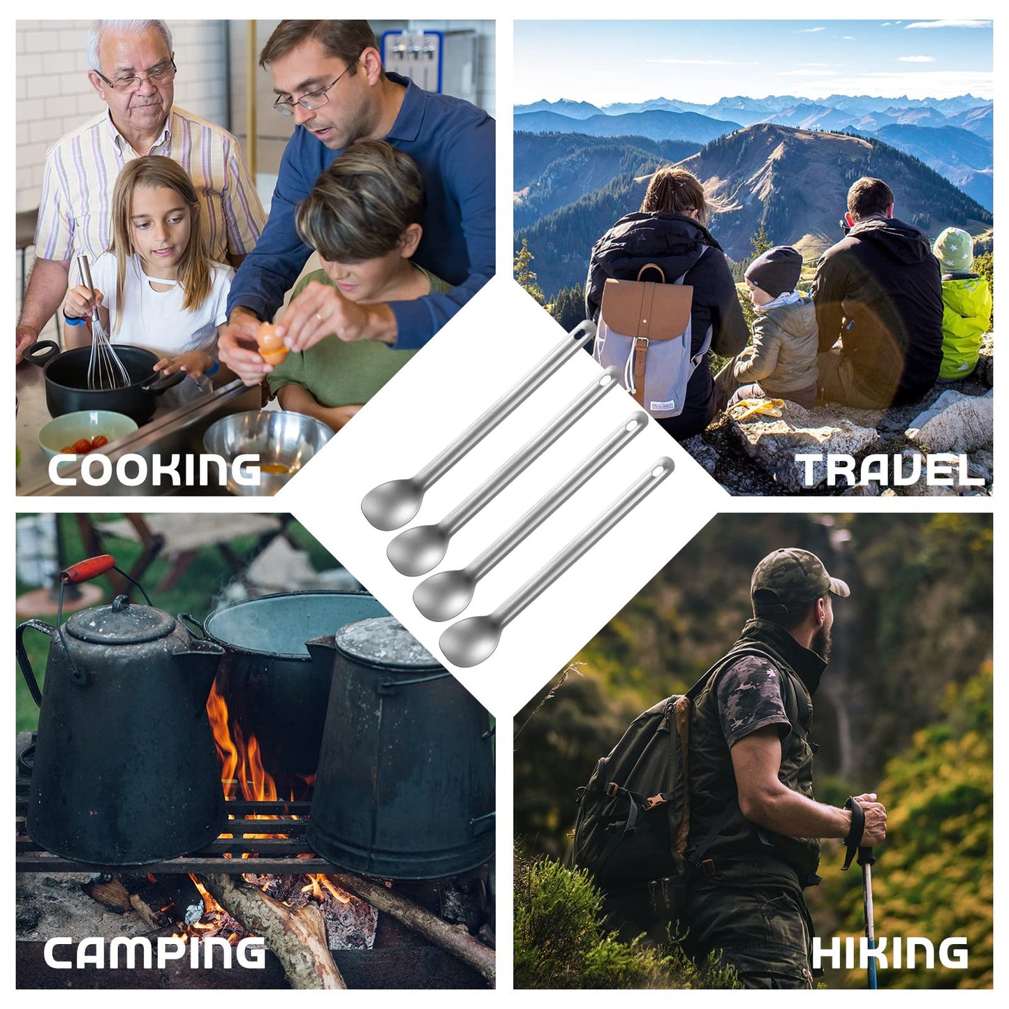 Hoolerry 4 Pieces Camping Spoon Long Handle Titanium Spoon Lightweight Ultralight Portable Flatware Soup Utensil for Outdoor Camping Backpacking Hiking Travel Picnic(Silver)