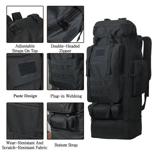 Lizbin 100L Camping Hiking Backpack, Military Tactical Backpack Molle Rucksack, Extra Large Hiking Backpack, Water Resistant Hiking Daypack, Outdoor Sports Backpack, Adjustable Sport Bags (Black)