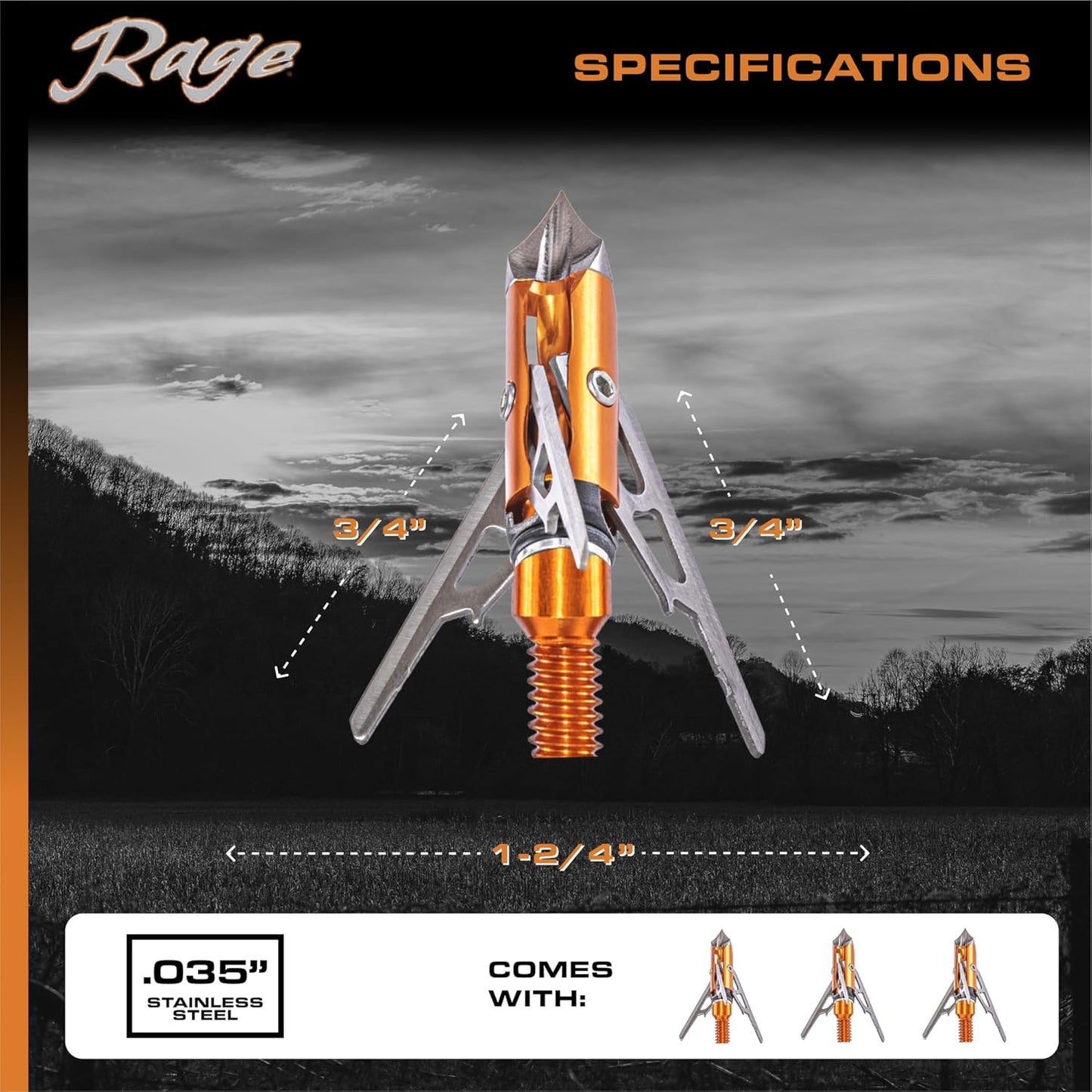 Rage 3 Blade Chisel Tip X Crossbow Broadhead 1.6" Cut, Orange (60200)