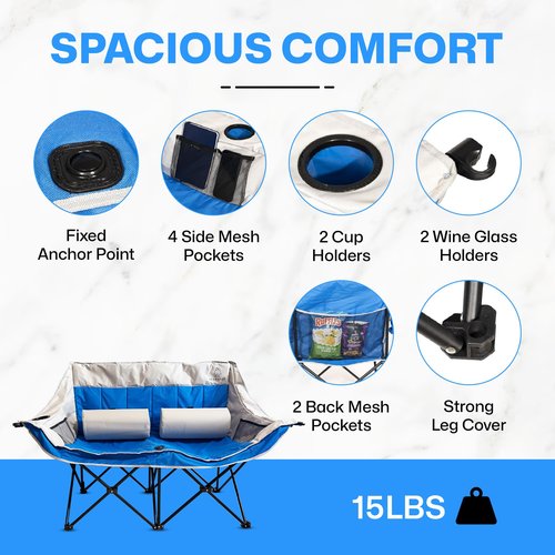 BEARSEAT Double Camping Chair – Foldable Chair with Lumbar Support Cushions and Carry Bag – Padded Portable Heavy-Duty Loveseat with 4 Mesh Pockets, 2 Cup Holders, Wine Glass Holder