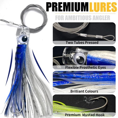 YOTO Trolling Lure Saltwater,6.5 inch 6 pcs Squid Skirted Deep Sea Fishing Lure kit,Tuna,Marlin,Wahoo,Shark,Mahi Trolling Fishing Lures