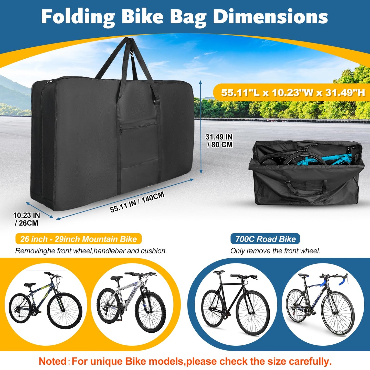 Folding Bike Travel Bag,Heavy Duty 840D Transport Bicycle Storage Carry Bag with Strong Webbing for 26-29 in Mountain 700C Road Bike MTB,Portable Folding Cycling Bags Waterproof for Airplane Shipping
