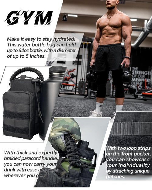 DEFUNX 64 Oz Water Bottle Sleeve - Water Jug Holder with Strap Cross-Body Bottle Carrier with MOLLE System Tactical Military Style Bag All Black