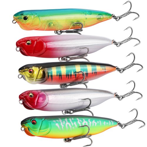 FLISSA 5PCS Top Water Fishing Lures Kits, Bass Fishing Lures for Freshwater & Saltwater, Realistic Hard Bait, Popper Fishing Lure with Treble Hooks for Trout, Bass, Salmon, Walleye Fishing