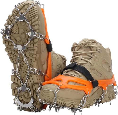 Crampons 19 Spikes with Stainless Steel Chain Ice Snow Grips Traction Cleats System Safe Protect for Walking, Jogging, Climbing, Hiking on Snow and Ice, Boots Chains for Women Men