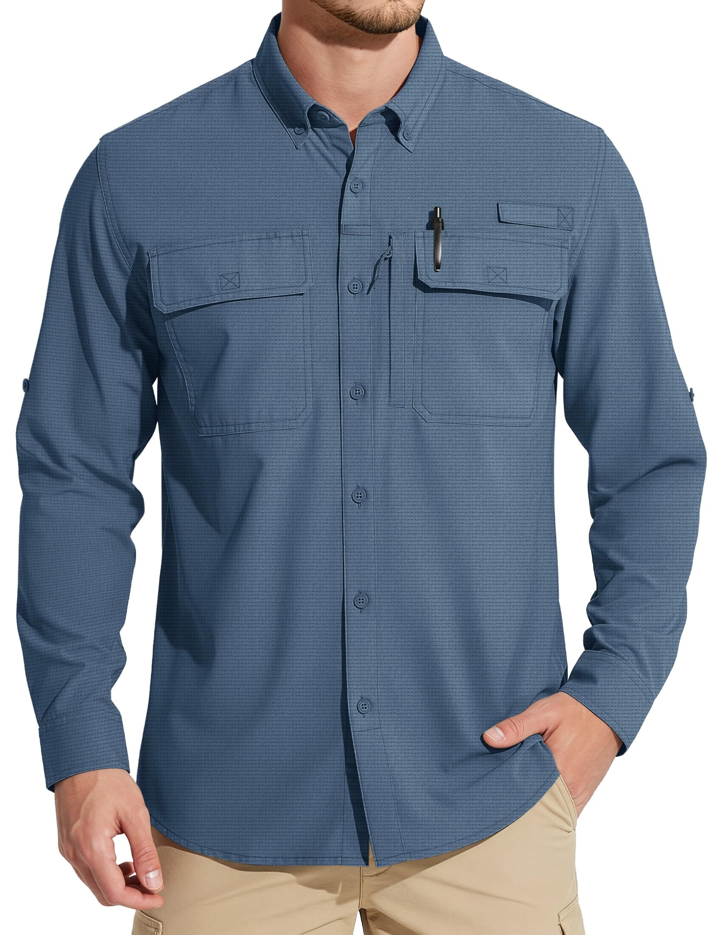MAGCOMSEN Mens Long Sleeve Button Down Shirts UV Sun Protection Quick Dry Fishing Shirts Button Up Work Hiking Camping Shirts Blue Grey L