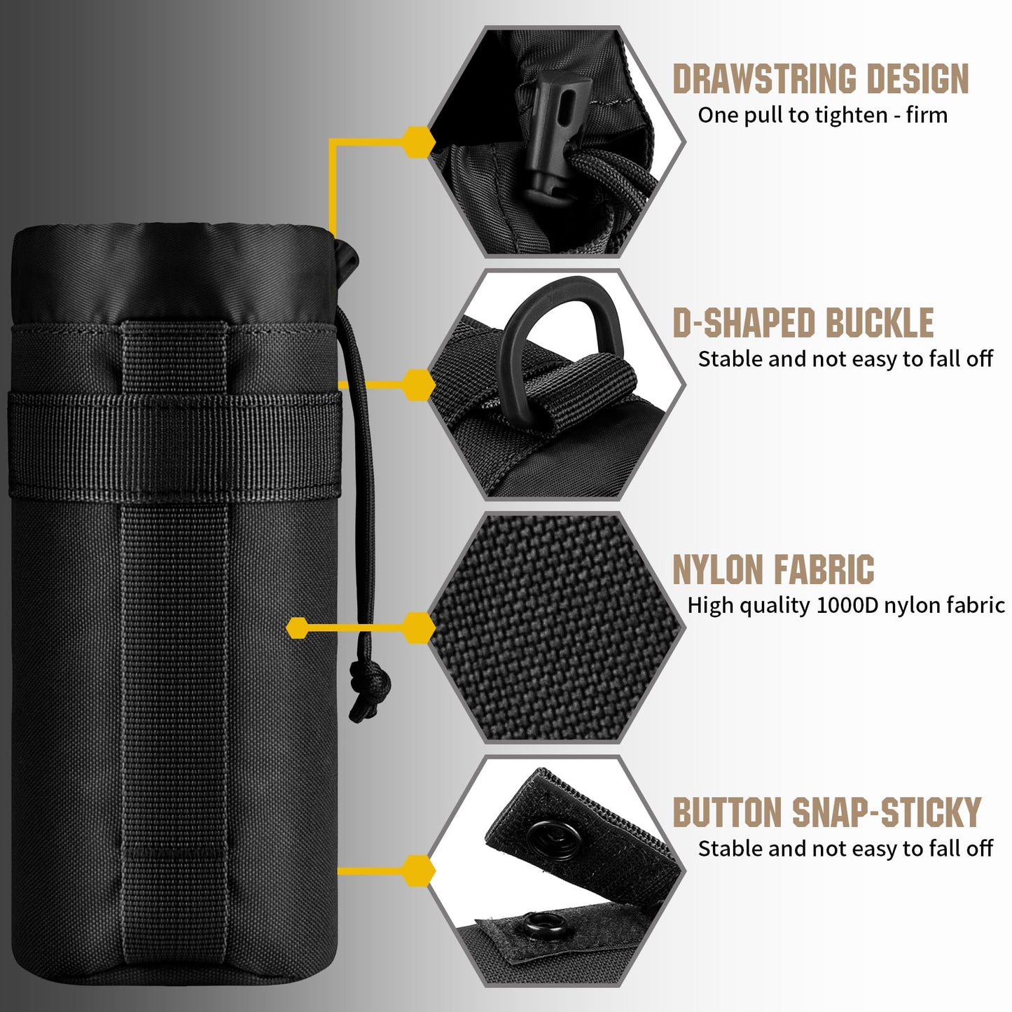 IronSeals Tactical Water Bottle Pouch Foldable Molle Water Bottle Holder Drawstring Open Top Travel Water Bottle Bag for Backpack Camping Outdoor