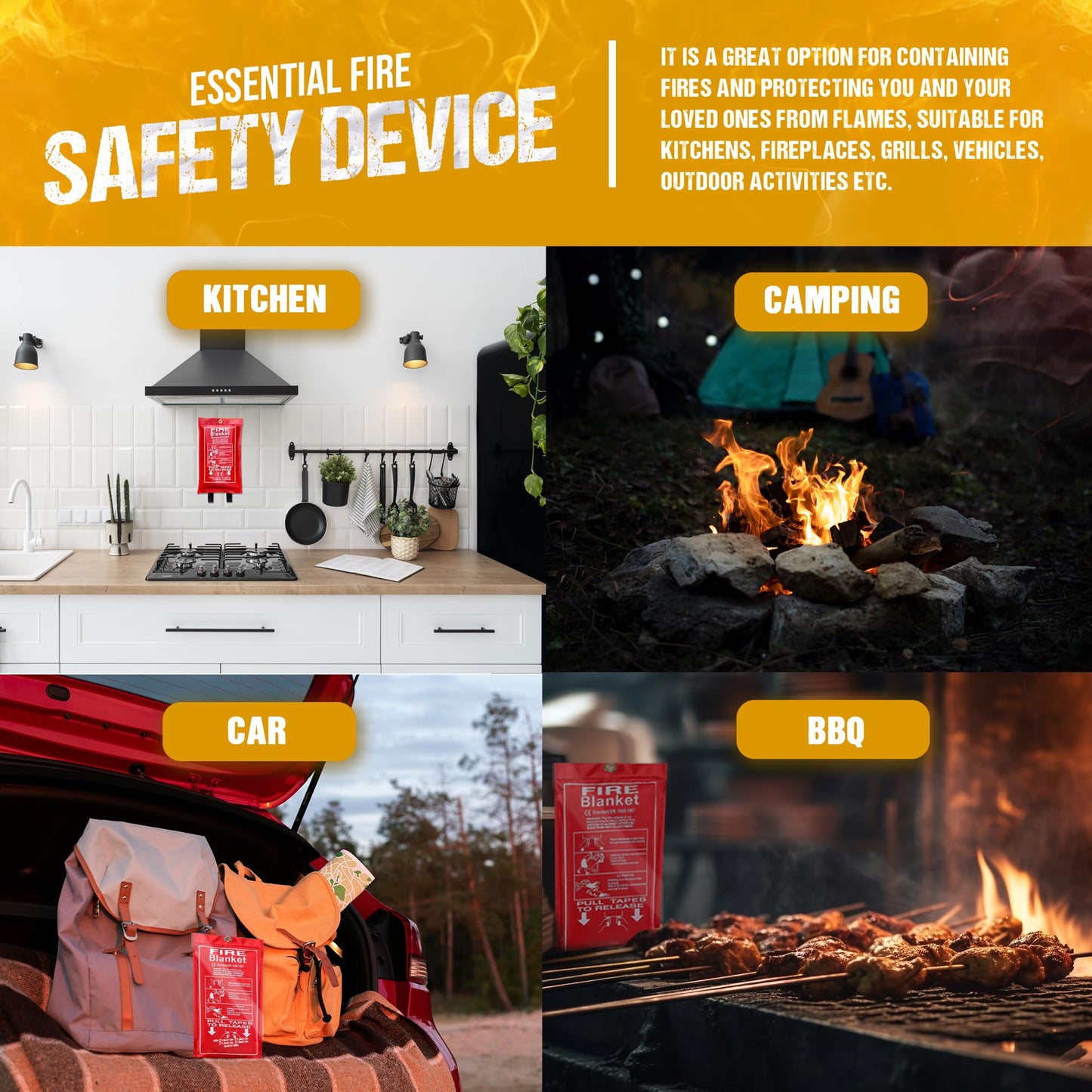 Firstop Fire Blanket, 47”x 47” Fire Extinguisher Blankets for Home & Kitchen, High Heat Resistant Fire Suppression Blankets for Home Safety, Grill, Car, Office, Warehouse, and Camping