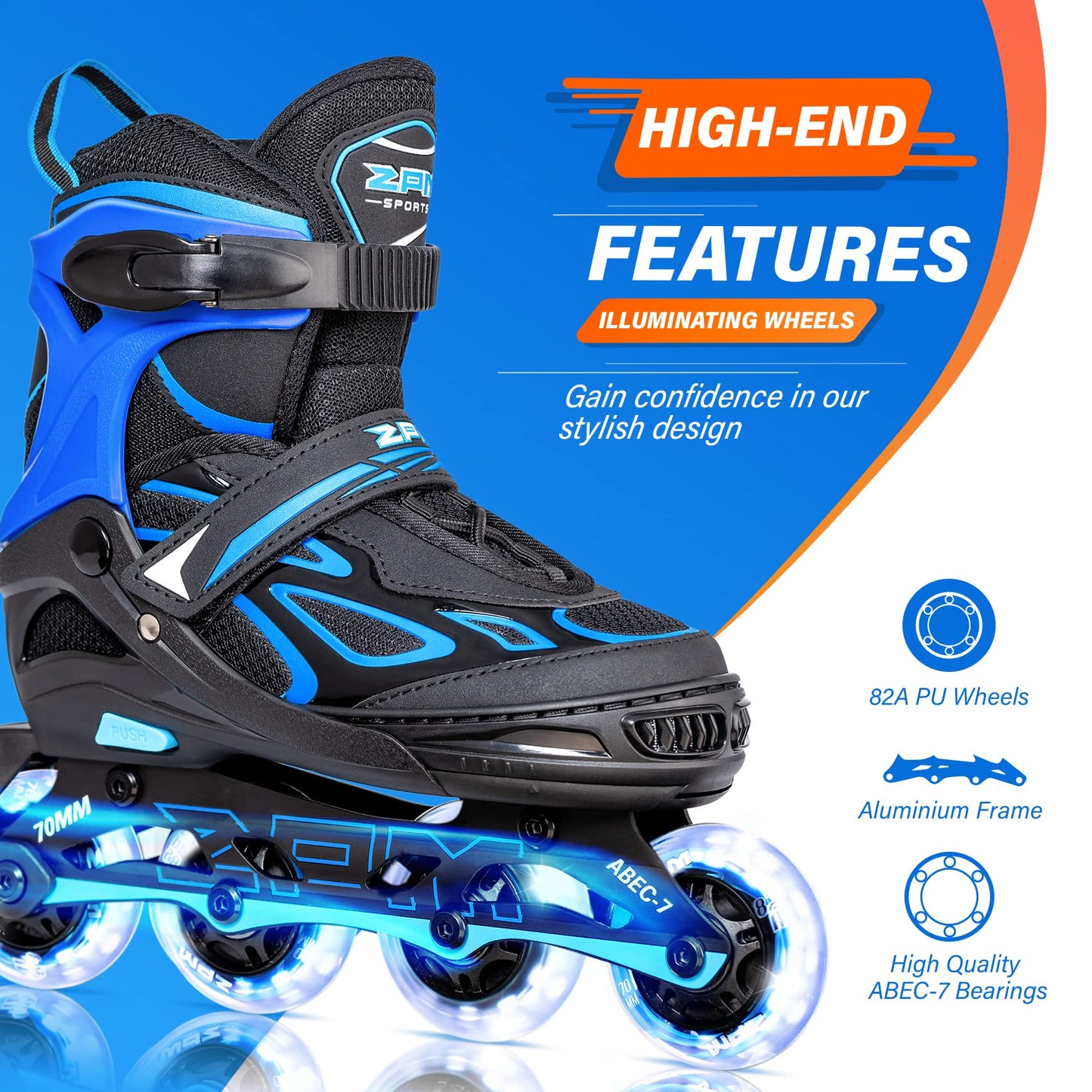 2PM SPORTS Vinal Boys Adjustable Flashing Inline Skates, All Wheels Light Up, Fun Illuminating Skates for Kids and Men- Azure Small (11C-13C US)