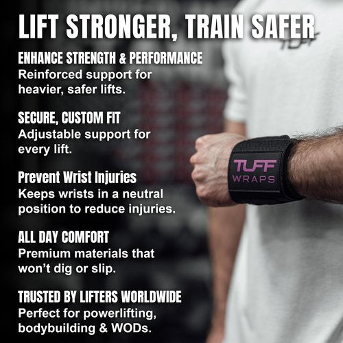 TuffWraps 16" Wrist Straps for Gym - No Thumb Loops - Powerlifting, Weightlifting, and Bench Press Support - Durable Wrist Straps Gym Accessory for Enhanced Wrist Support