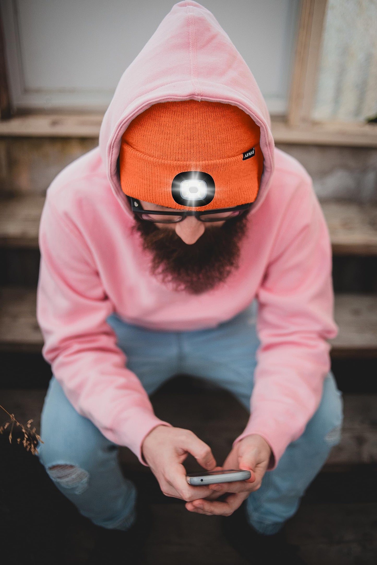 ATNKE LED Lighted Beanie Hat,USB Rechargeable 4 LED Running Headlamp Bright Cap with The Light Gifts for Men and Women/#Bright Orange