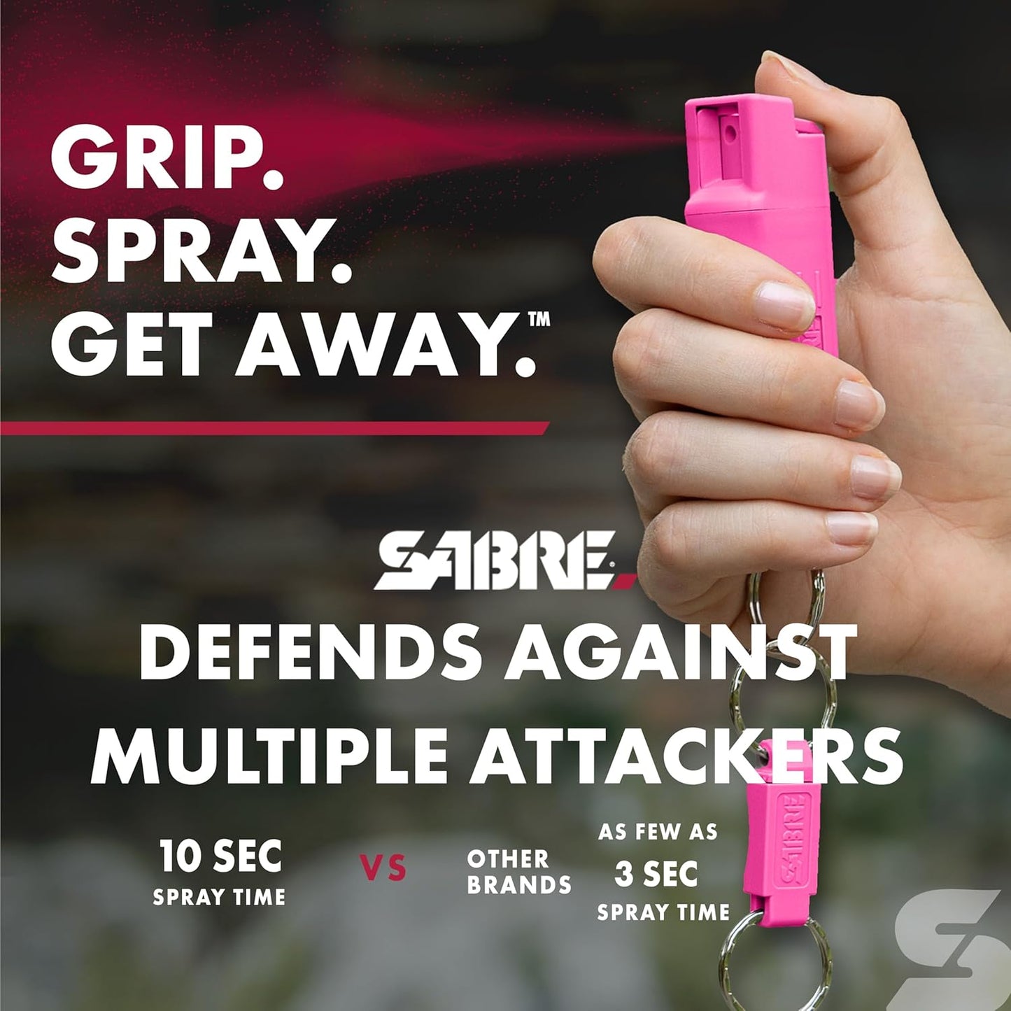 SABRE Pepper Spray, Supports National Breast Cancer Foundation, Maximum Police Strength OC Spray, Quick Release Keychain for Easy Carry and Fast Access, Finger Grip for More Accurate Aim, 25 Bursts