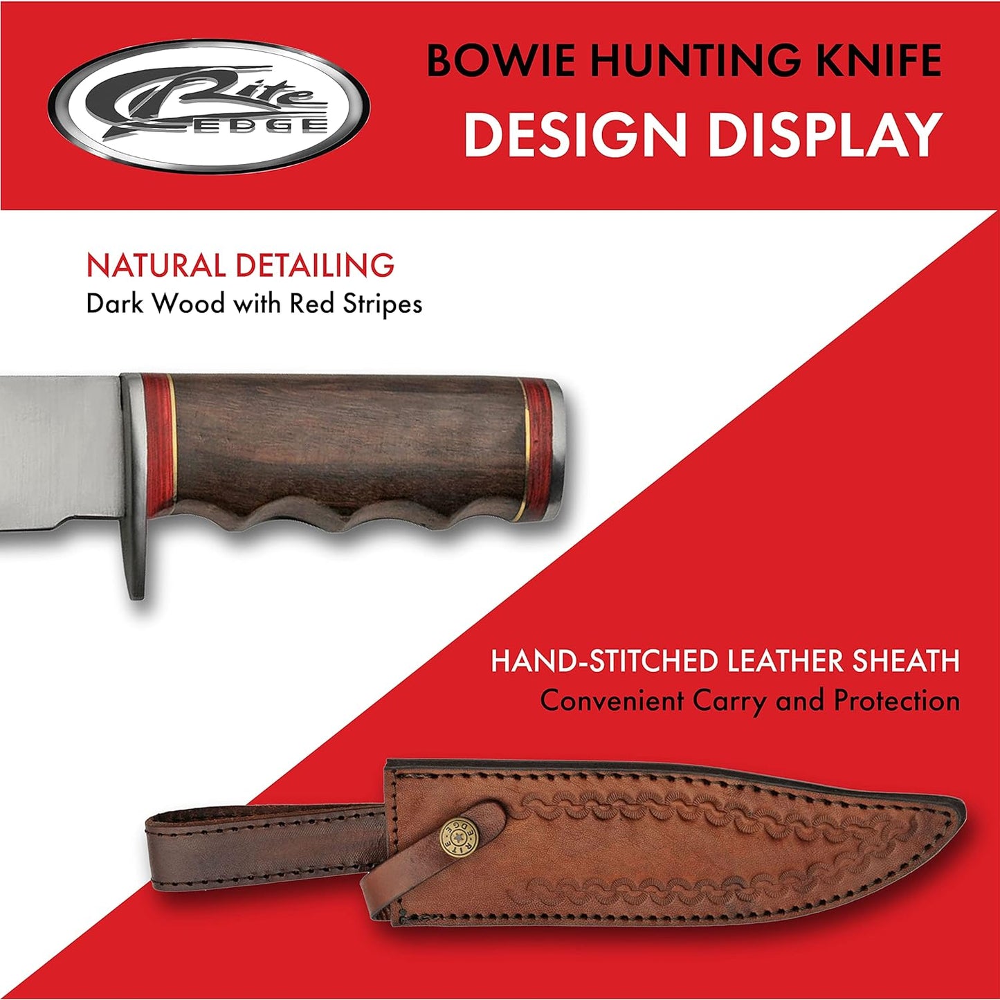 SZCO Supplies 12" Full Tang Bowie Knife with Sheath - Tactical Fixed Blade Hunting Knife for Men with Stainless Steel Blade, Wood Handle & Leather Sheath - Hunting Knives for Men for Outdoor Camping