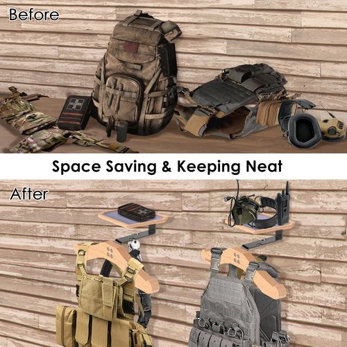 Tactical Vest Hanger- Solid Wood Tactical Gear Rack with Top Wooden Holder Tray for Walkie-Talkie,Earmuffs - Multifunction Tactical Gear Wall Mount for Motorcycle Football Skating Gear