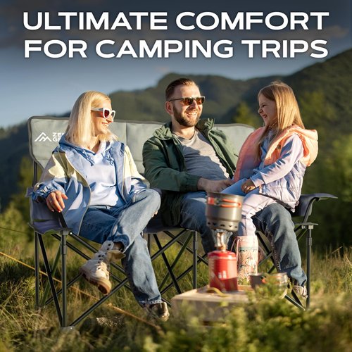ZENTA GEAR Oversized Fully Padded Double Camping Chair, Portable Folding Loveseat w/Side & Back Pockets, Adjustable Armrests, Double-Sized Cup Holders for Outdoor, Indoor, Supports 530LBS (Dark Navy)