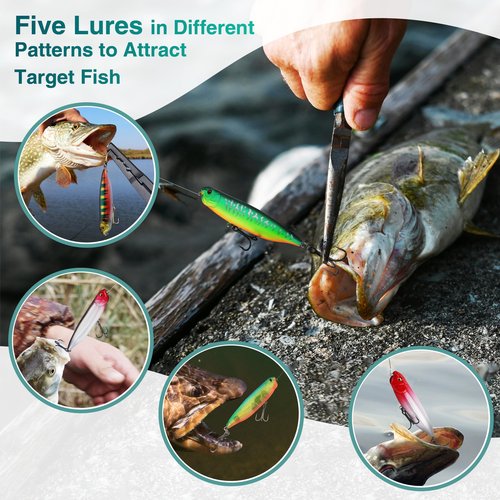 FLISSA 5PCS Top Water Fishing Lures Kits, Bass Fishing Lures for Freshwater & Saltwater, Realistic Hard Bait, Popper Fishing Lure with Treble Hooks for Trout, Bass, Salmon, Walleye Fishing