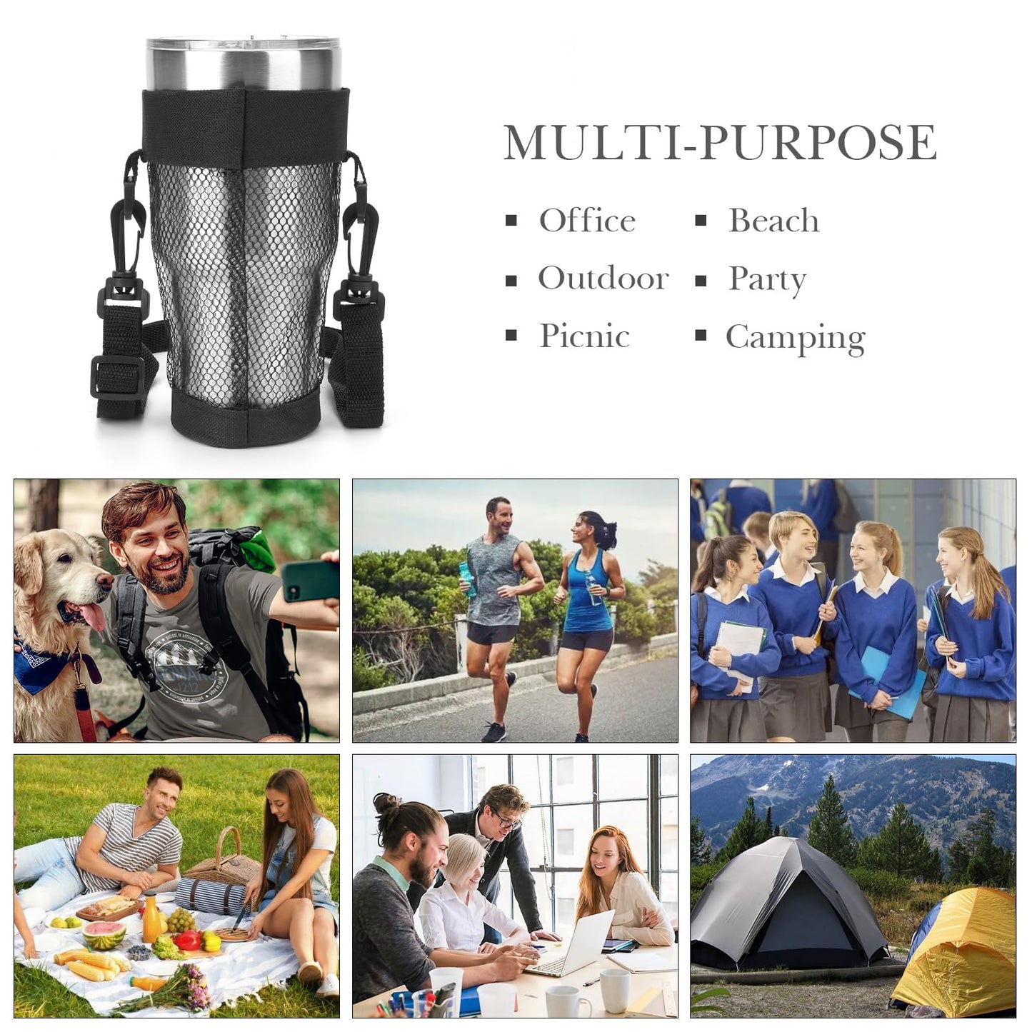 Linkidea 2 Pack Mesh Tumbler Carrier with Strap Compatible with 30oz YETI Rambler, Greens Steel Beast, RTIC Tumbler, Lightweight Waterbottle Net Sling Holder, 59'' Long Shoulder Strap