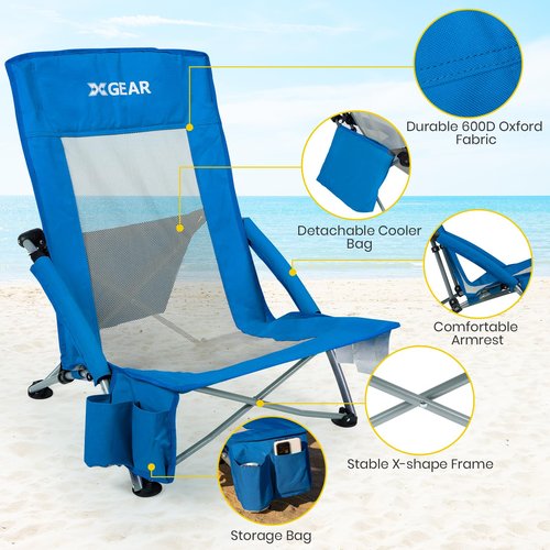 XGEAR Beach Chair Sturdy Beach Chairs for Adults with Cooler Bag, High Back Camping Chair with Side Pocket, Cup Holder & Carry Bag, for Outdoor Sand-Blue