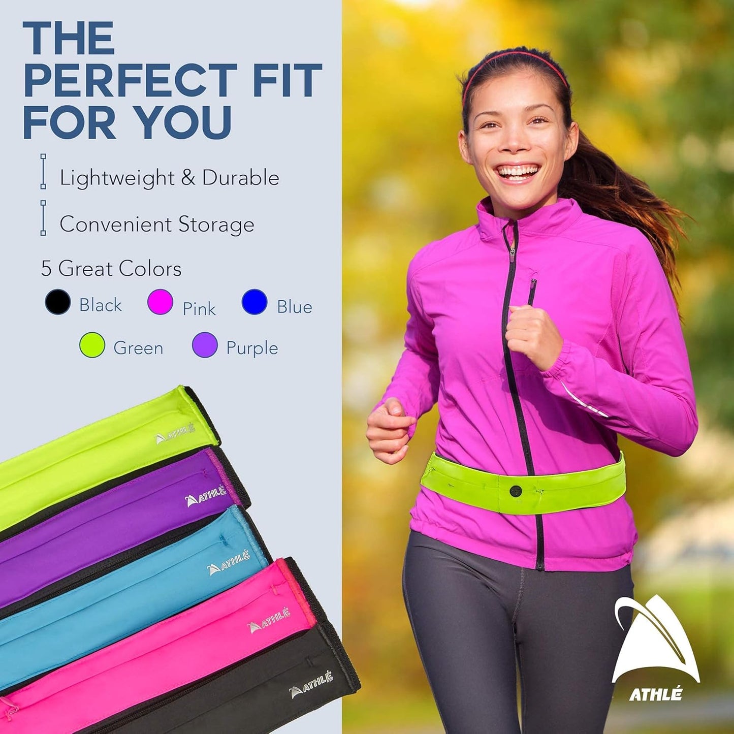Athlé Running Belt for Exercise and Travel - Two Stretch Pockets Fit Most Phones, Wallet, Cards and More - Key Clip, Earphone Jack, Adjustable Waist Strap