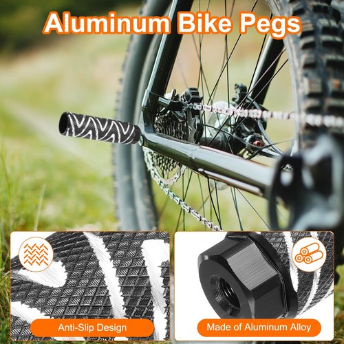 HARFINGTON 2 Pairs Bike Pegs Aluminum Alloy Rear Stunt Pegs Anti-Skid Foot Pedals Fit 3/8" Axles for Mountain Bike BMX, Black & Silver