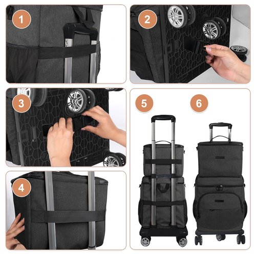 Cooler Bag Wheeled Double，Large Removable Insulated Rolling Cooler Collapsible Leakproof Portable Ice Packs for Camping Picnic Beach Travel（Black）