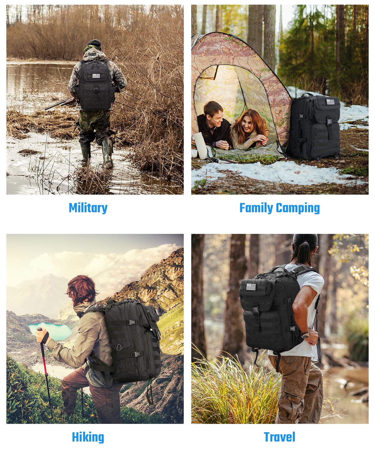 EZshoot Tactical Backpack, 45L Heavy Duty Military Backpack for Men, Army Molle 3 Days Assault Pack Bug Out Bag, Large Military Gear Travel Hiking Camping Sports Rucksack with Bottle Holder, Black