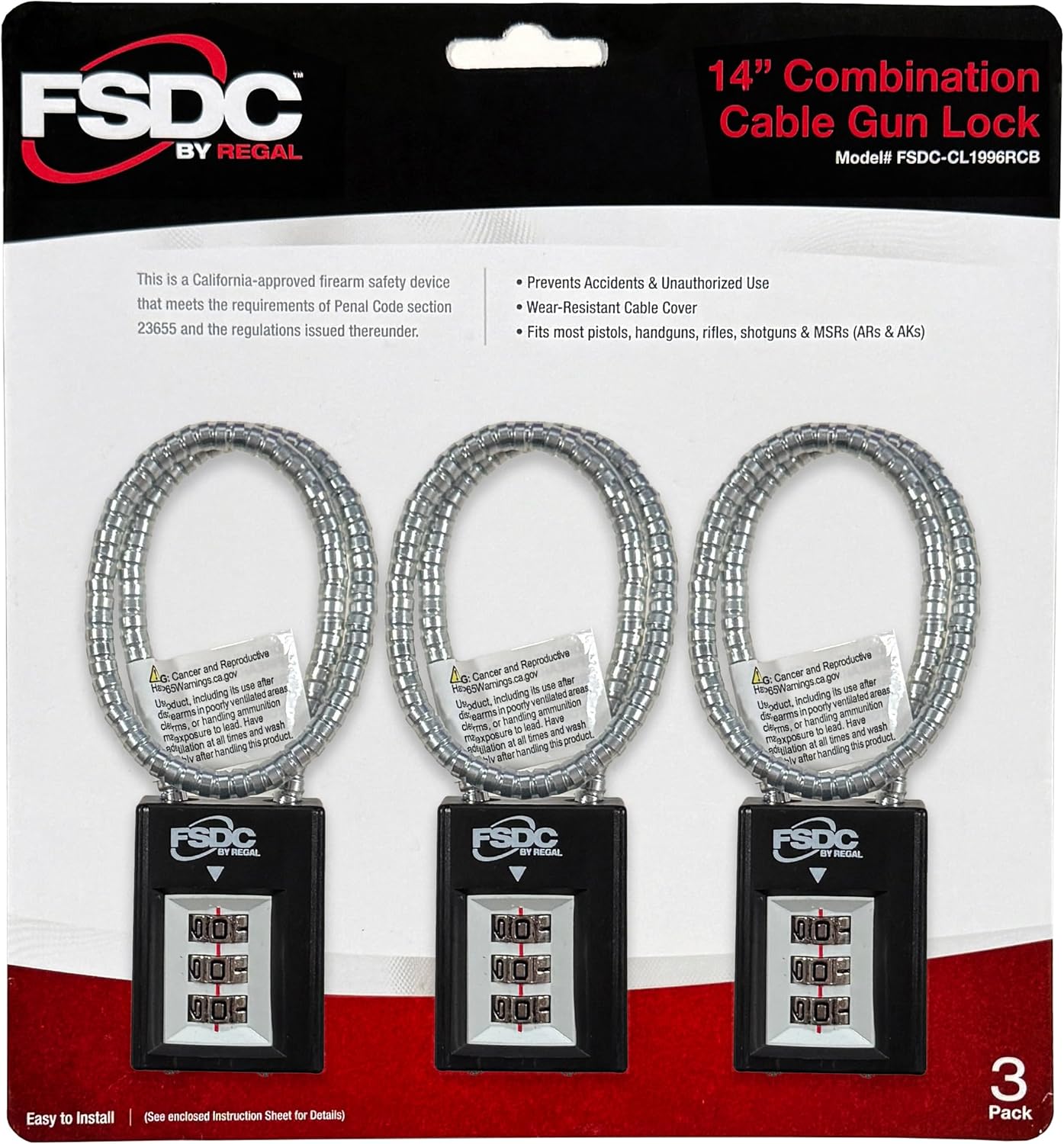 (Firearm Safety Devices – FSDC-CL1996RCB 14" Combination Cable Gun Lock - California DOJ Approved Lock - Scratch-Resistant Paint Finish – 3-Pack