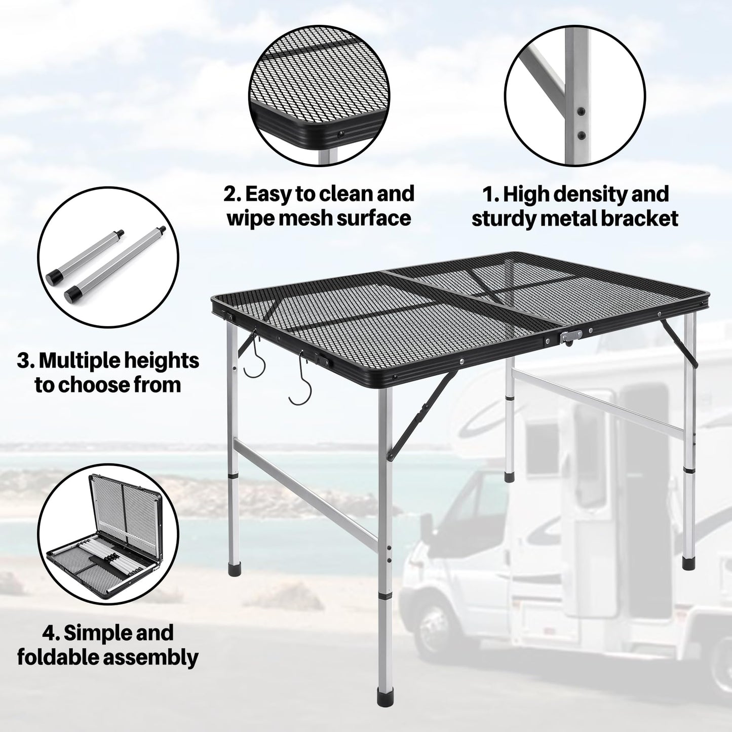 jkwokback 3ft x 2ft Grill Table Portable Camping Table, Waterproof Black Folding Table with Adjustable Height Camping Table,Folding Camp Table for BBQ,Camping, Outdoor Sports, Beaches and Picnics